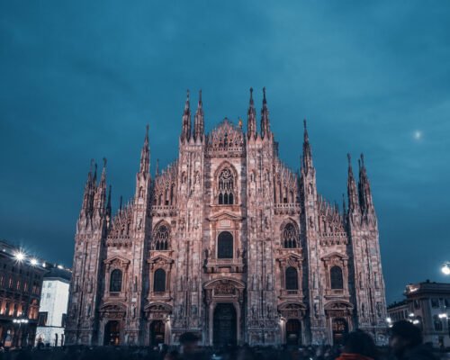 Milan Cathedral, Duomo di Milano, Italy, one of the largest churches in the world, during blue hour.