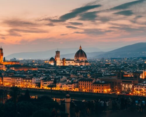 An beautiful aerial shot of Florence, Italy architecture in the evening