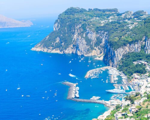 view of beautiful Marina Grande habour from above, Capri island, Italy, web banner format