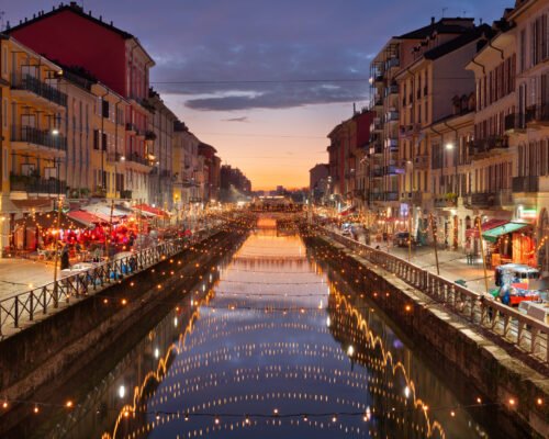 Navigli Canal, Milan, Lombardy, Italy at twilight.