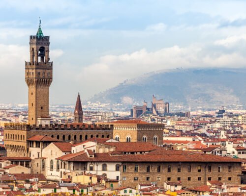 View of Palazzo Vecchio in Signoria Square, Florence, Italy.