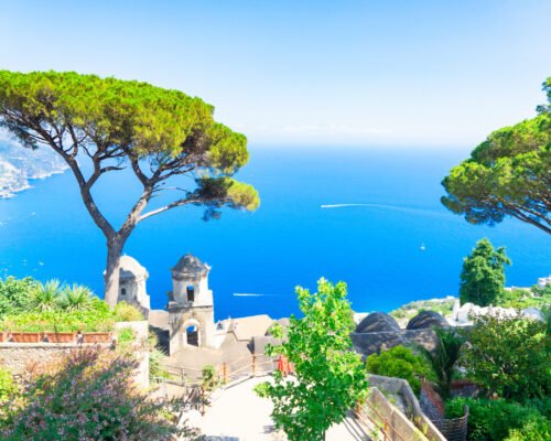 Belltower in Ravello village with sea view, Amalfi coast of Italy