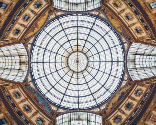 Panoramic view of Vittorio Emanuele gallery ceiling in Milan, Italy, Europe