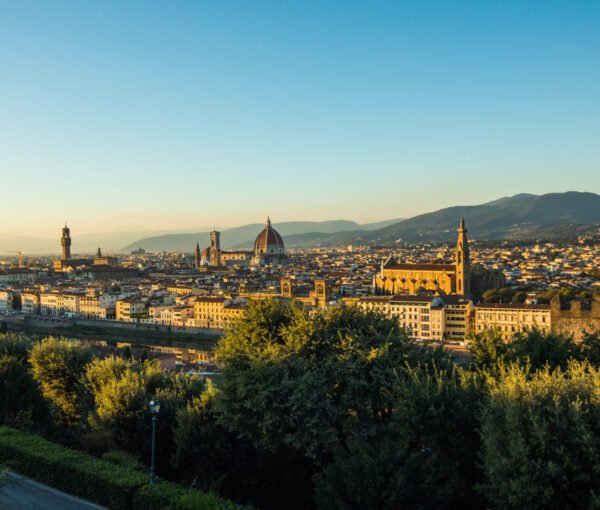 Beautiful landscape above, panorama on historical view of the Florence from Piazzale Michelangelo point. Morning time.